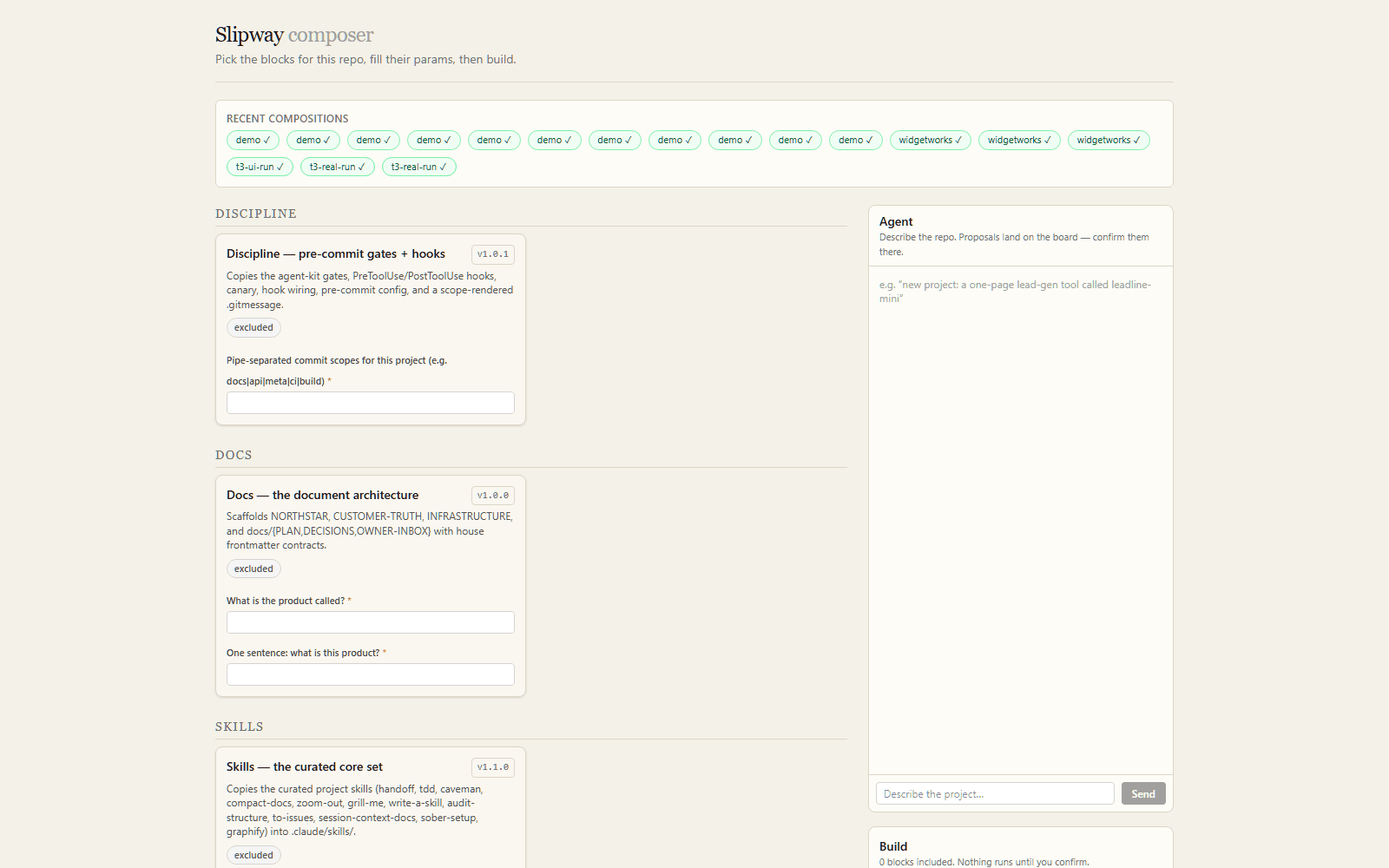 The Slipway composer: a board of setup blocks proposed by the agent, awaiting confirmation